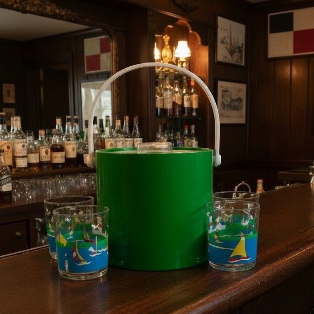 Vintage Shelton Ware Ice Bucket Set Green 4 Sailboat Plastic Tumblers Nautical